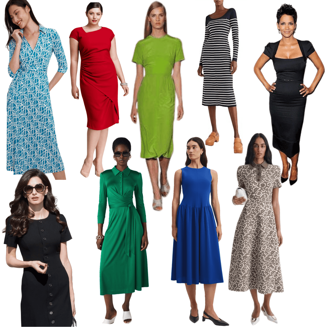 Collage of ten women's work dresses in various styles, colors, and silhouettes. The collection includes wrap dresses, sheath dresses, shirt dresses, fit-and-flare designs, sleeveless midi dresses, and striped and printed options in blue, red, green, black, beige, and patterned fabrics. The dresses range from knee-length to mid-calf, showcasing professional outfit ideas suitable for office and business-casual settings.