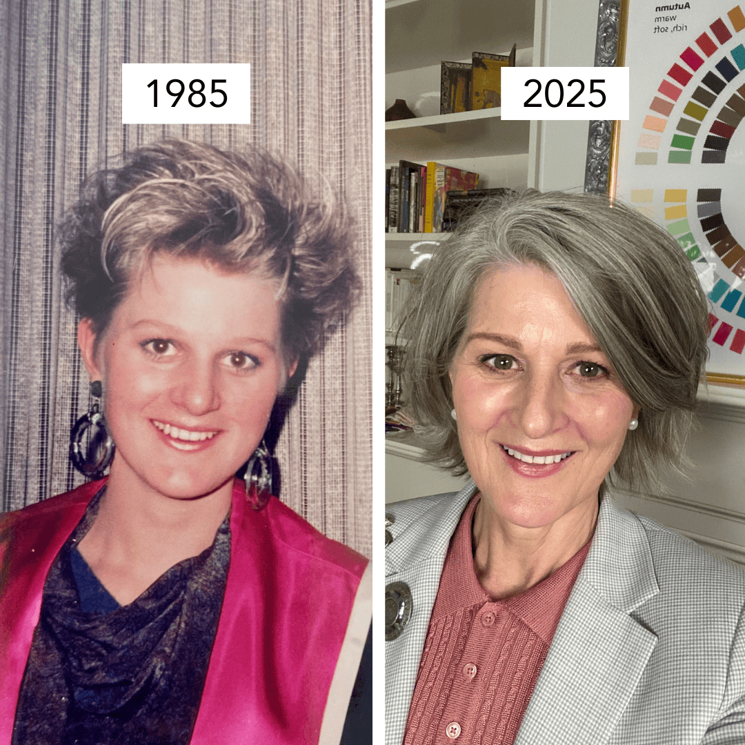 Side-by-side portraits of the same woman in 1985 and 2025, showing how her appearance has evolved over 40 years.