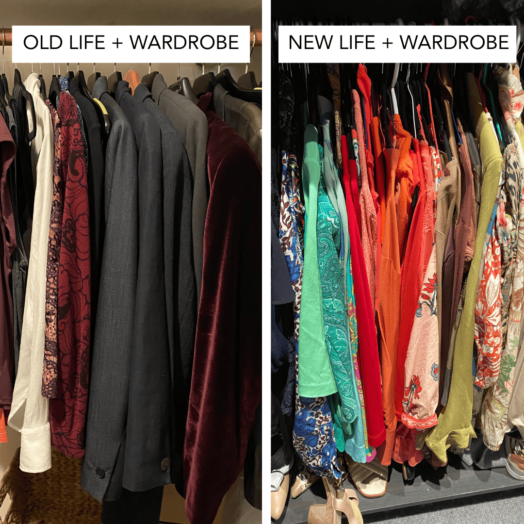 Side-by-side wardrobes illustrate how clothing choices can evolve from a muted palette to vibrant colours as personal style changes with different stages of life